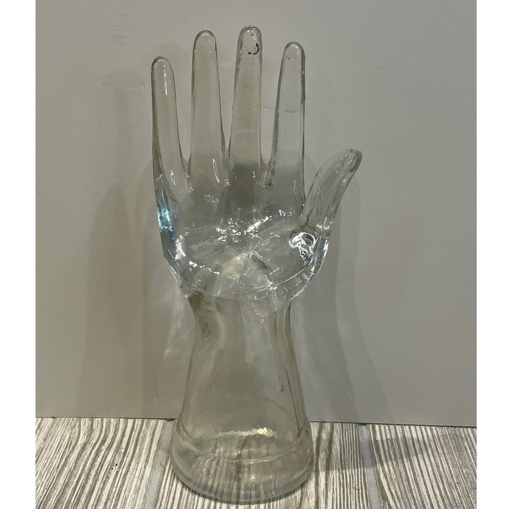 Clear Glass Hand Jewelry Display Stand Sculpture Decorative Ring Holder 8.5in